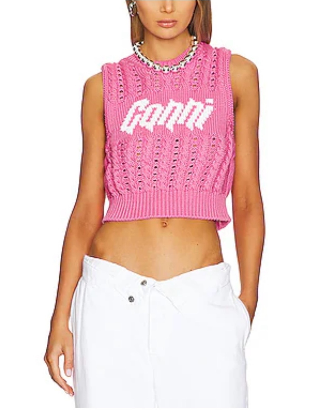 Ganni Pink with White Logo Cable Knit Cropped Tank Top Vest